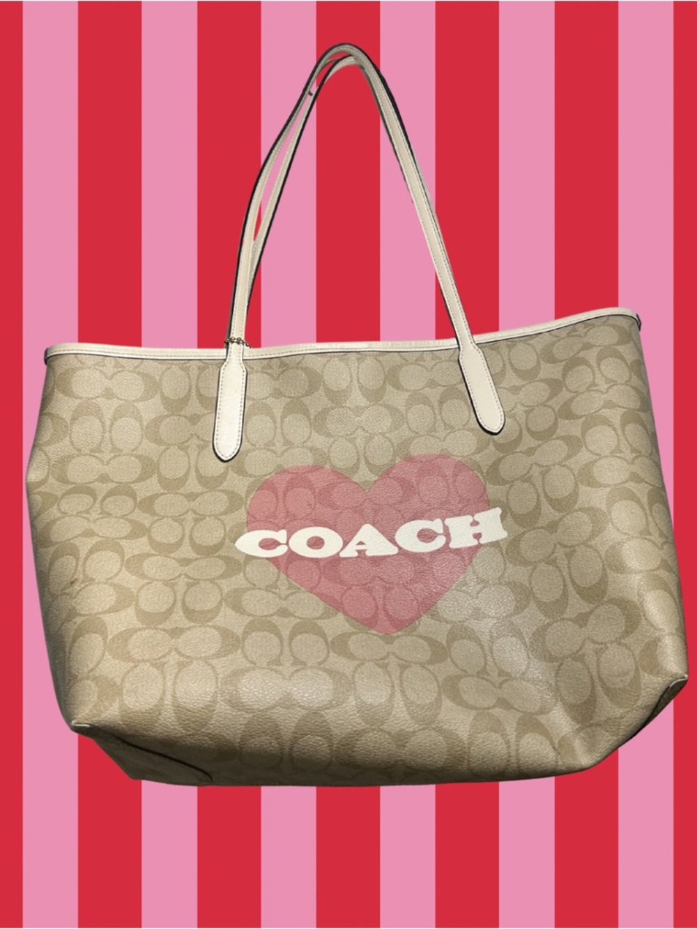 COACH Beige Signature Heart Canvas Tote